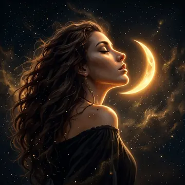 Retrato artístico de Kalyse, idealizadora e editora de A Última Pergunta, em perfil iluminada por uma lua crescente no céu estrelado