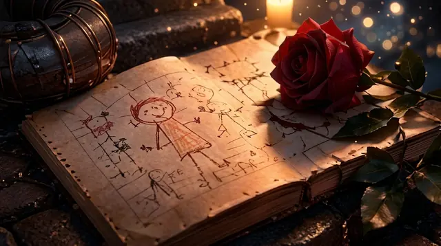 Diário aberto nos degraus de pedra com o desenho de uma criança ao lado de uma rosa vermelha iluminada por velas
