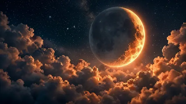 Lua crescente iluminada em tons dourados cercada por nuvens dramáticas no céu estrelado
