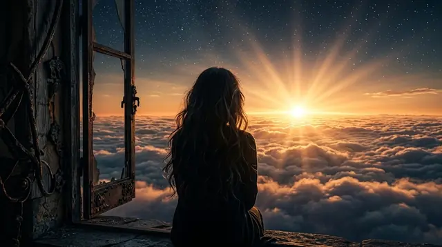 Protagonista observando o horizonte dourado sobre um mar de nuvens através de uma janela antiga