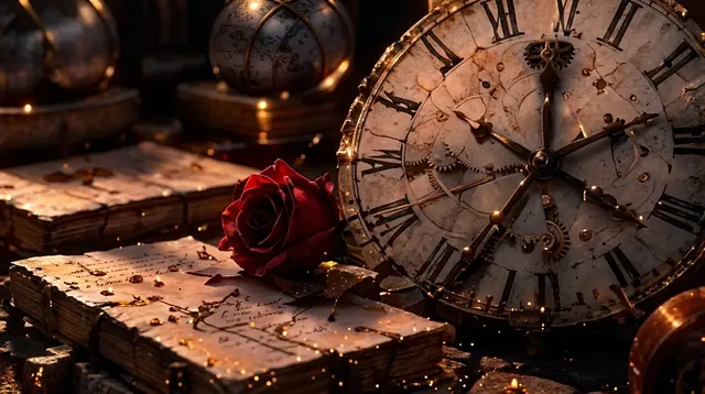Relógio antigo em algarismos romanos ao lado de uma rosa vermelha e livros antigos iluminados por brilhos dourados