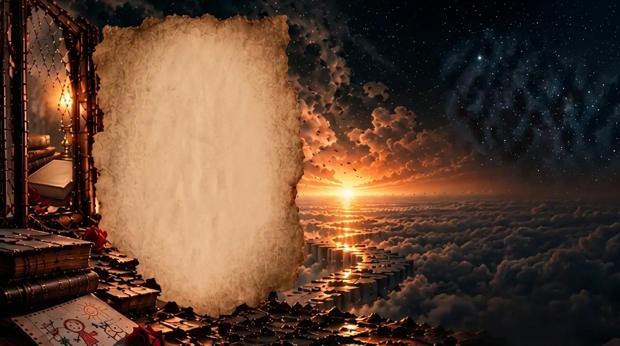 Cenário com espelho clássico, livros antigos, rosa vermelha, desenho infantil e pergaminho envelhecido diante do pôr do sol sobre as nuvens.